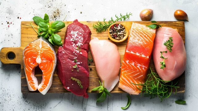 Assorted Raw Meats and Fresh Herbs on Wooden Cutting Board
