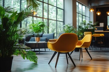 Fototapeta premium Modern interior with yellow chairs and green plants