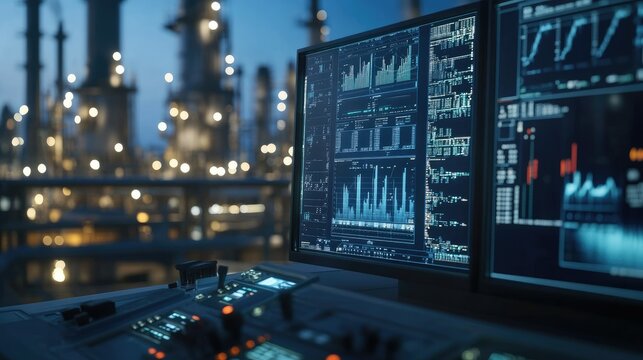 A close-up of an oil refinery's control room, with monitors displaying complex data