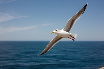 Obraz premium Serene Seagull Gliding Through Clear Blue Skies Above the Ocean