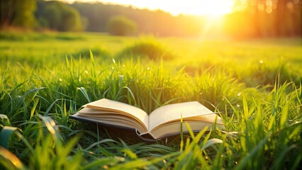A book resting in a beautiful grass field