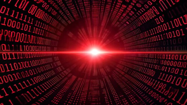 A striking digital tunnel of cascading red binary code converges at a bright center against a black background. imagery embodies themes of technology and innovation, ideal for high-tech projects.