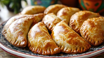 A group of Argentinian empanadas with varied fillings, arranged neatly on a ceramic plate, showcasing their perfect golden brown crusts.