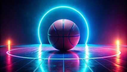 Neon basketball court illuminated with glowing lines and ball under dramatic lighting