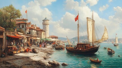Obraz premium A lively scene at a Turkish coastal town, with boats anchored and people enjoying the seaside.