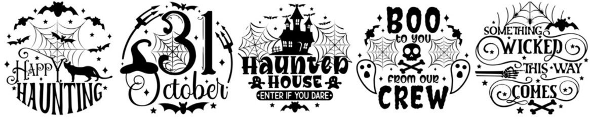 Fototapeta premium Vibrant Halloween Round Sign Bundle Hand Lettering, Labels And Badges Pack Vector Illustration for Stationery, Postcard, Decal