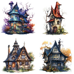 Obraz premium Four Watercolor Paintings of Whimsical Cottage Homes