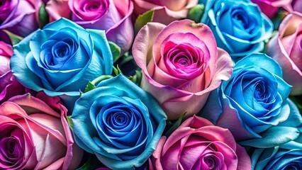 Close-up of pink and blue roses with a green stem in the center