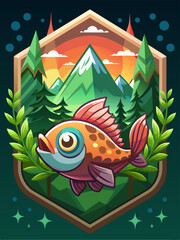 Cartoon Fish with Mountain Sunset Background in Hexagon Frame