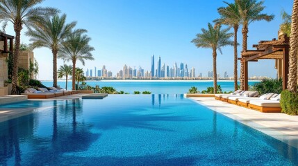 A luxurious setting at a high-end resort in the UAE, with infinity pools, palm trees, and the sea in the background.