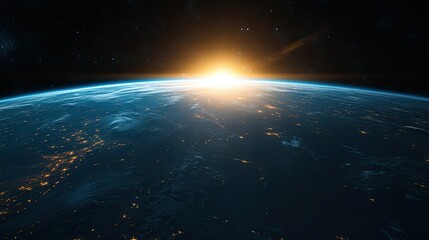 A mesmerizing view of Earthatmosphere at dawn, with a vibrant blue glow rising above the horizon from space.