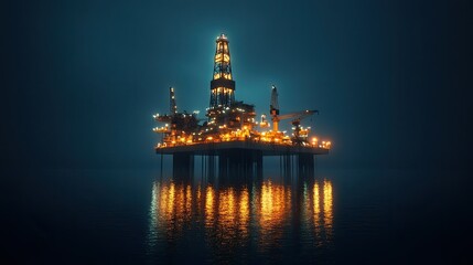 A night shot of an offshore oil rig, illuminated by bright lights against a dark sky