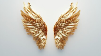 A pair of gold wings with intricate feather details isolated on a simple background, symbolizing elegance and flight.