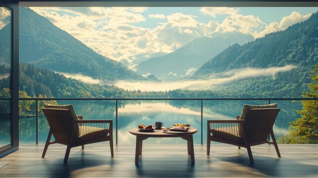 Two chairs and a table are on a patio by a lake and mountains