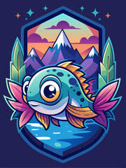 Obraz premium Cartoon Fish with Mountain Landscape and Floral Elements