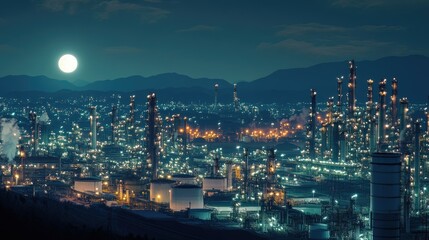 Fototapeta premium A panoramic view of a sprawling oil refinery at night, lights twinkling across the complex