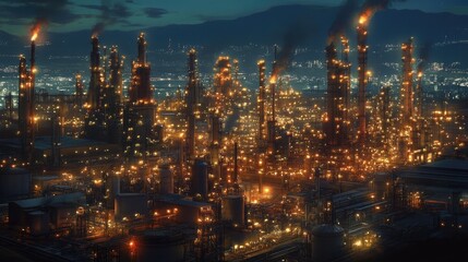 Fototapeta premium A panoramic view of a sprawling oil refinery at night, lights twinkling across the complex