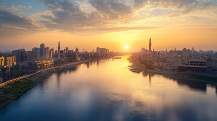A panoramic view of Baghdad's skyline at sunset, with the Tigris River reflecting the golden light