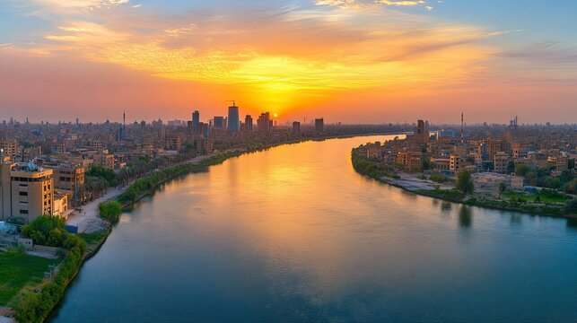 A panoramic view of Baghdad's skyline at sunset, with the Tigris River reflecting the golden light