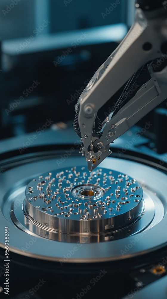 Poster a robot is working on a small object with a lot of small parts. the robot is very precise and focuse
