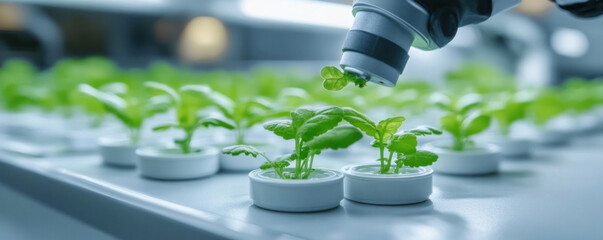 A close up of a plant nursery with a person spraying a plant with a spray bottle. The plants are small and green, and the nursery is filled with them. Concept of care and attention to detail