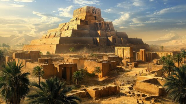 A panoramic view of the ancient city of Ur, with the Ziggurat of Ur towering over the site