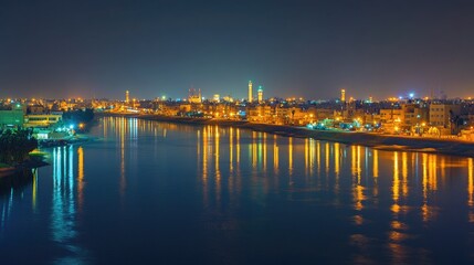 A panoramic view of the city of Basra at night, with lights reflecting on the Shatt al-Arab River