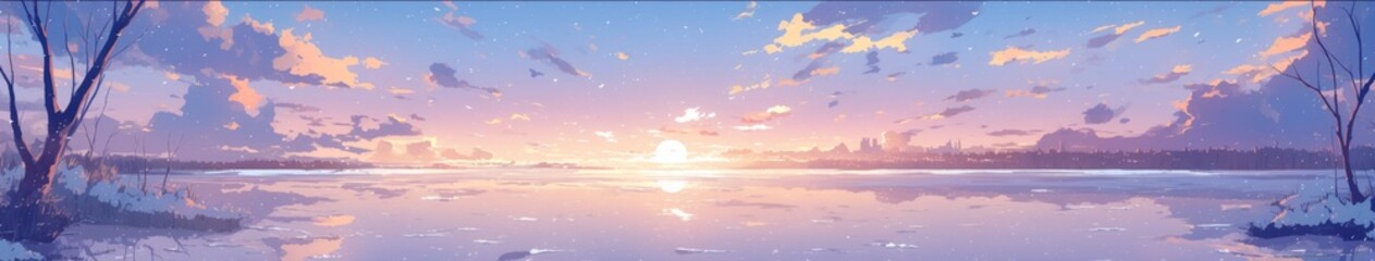 Serene Frozen Lake at Sunset: Anime-Style Winter Landscape Illustration. Warm Sunlight Illuminates Icy Waters in Soothing Colors. Versatile Artwork for Home Decor, NFT, Apparel Design, and Seasonal Ma