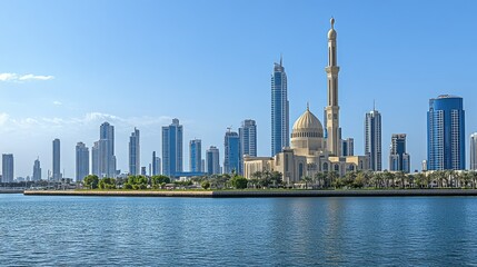 Obraz premium A panoramic view of the Sharjah skyline, with its modern buildings, cultural landmarks, and the Arabian Gulf.