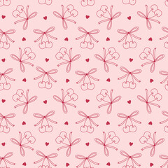 Coquette Aesthetic Cherries with Ribbons on Pink Seamless Pattern Design