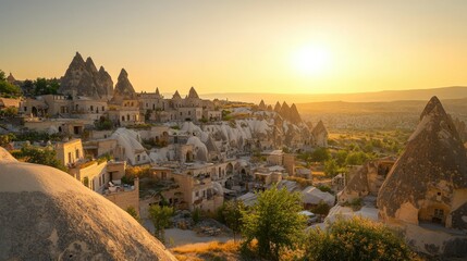 Obraz premium A picturesque view of the Cappadocia region, with fairy chimneys and cave dwellings set against a clear sky.