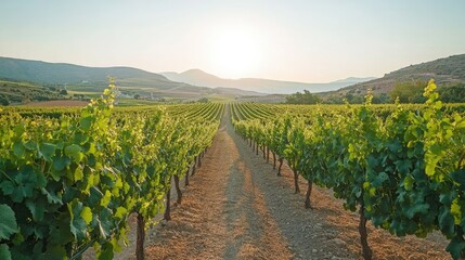 A picturesque vineyard in the Turkish countryside, with rows of grapevines under a clear sky.