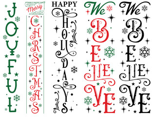 Decorative Christmas Vertical Sign Bundle Typography, Calligraphic Lettering Bundle Vector Illustration for Icon, Label, Infographic