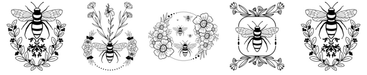 Vibrant Bee With Flower Bundle Labels And Badges, Hand Lettering Set Vector Illustration for Announcement, Motion Graphics, Brochure