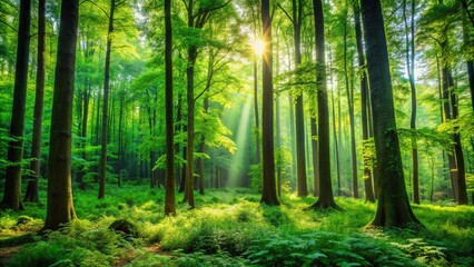 Obraz premium Lush green forest with tall trees, vibrant foliage, and peaceful atmosphere