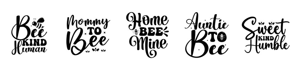 Elegant Bee Bundle Trendy Retro Style Illustration, Calligraphy Set Vector Illustration for Icon, Greeting Card, Sticker