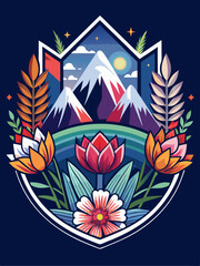 Colorful Floral Emblem with Mountain and Night Sky Scene