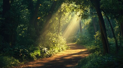 Obraz premium A serene path in a quiet forest, with the sunlight streaming through the canopy of leaves