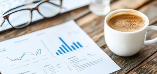 Business plan blueprint on a wooden desk with coffee and glasses, strategic planning concept