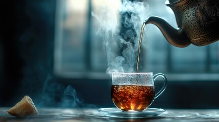 A steaming pot of Turkish ay (tea) being poured into a tulip-shaped glass.