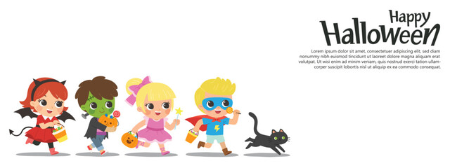 Children dressed in Halloween costumes to go Trick or Treating with a cat. Halloween costume kids in spooky holiday. Template for advertising brochure.