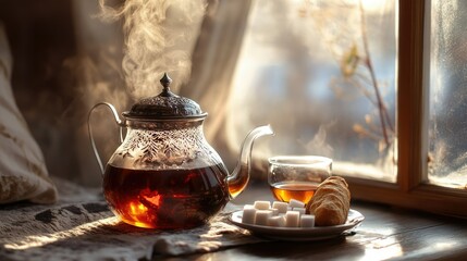 A steaming pot of Turkish ay, with a glass of tea, sugar cubes, and a small plate of simit.