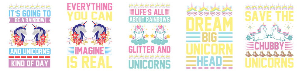 Cute Unicorn Tshirt Design Bundle Calligraphy, Calligraphic Lettering Set Vector Illustration for Printable, Wrapping Paper, Mug Design