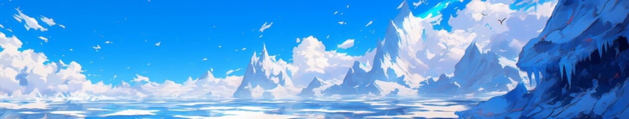 Fototapeta premium Enchanting Winter Wonderland: Anime-Style Illustration of Serene Snowy Landscape. Frozen Lake with Delicate Cracks, Ice-Covered Trees, and Majestic Mountains. Versatile Artwork for Home Decor, NFT, Ap