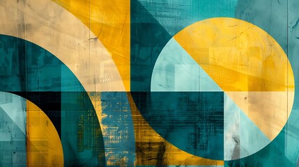 Geometric backdrop with turquoise and yellow hues that flow