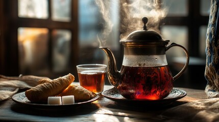 A steaming pot of Turkish ay, with a glass of tea, sugar cubes, and a small plate of simit.