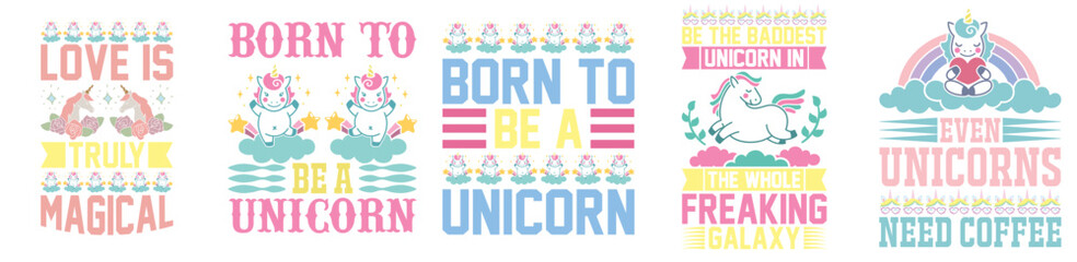 Creative Unicorn Tshirt Design Bundle Typographic Emblems, Phrases Pack Vector Illustration for Stationery, Icon, Holiday Cards