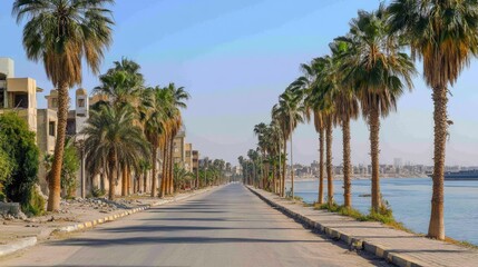 Naklejka premium A street in Basra lined with palm trees, with the Shatt al-Arab River in the background