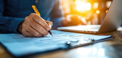 Close-up of hands writing on a business plan with a laptop in the background, startup strategy