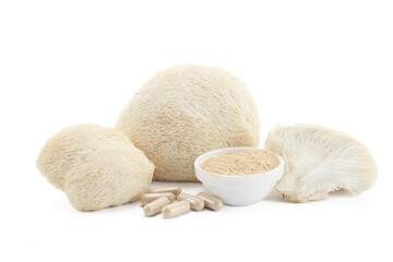 Lion's Mane Mushroom and Supplements on white background